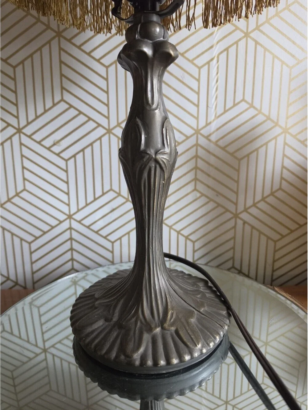 Vintage Bronzed Metal Tiffany Style Lily Pad Lamp Art Nouveau w Fringed Shade
